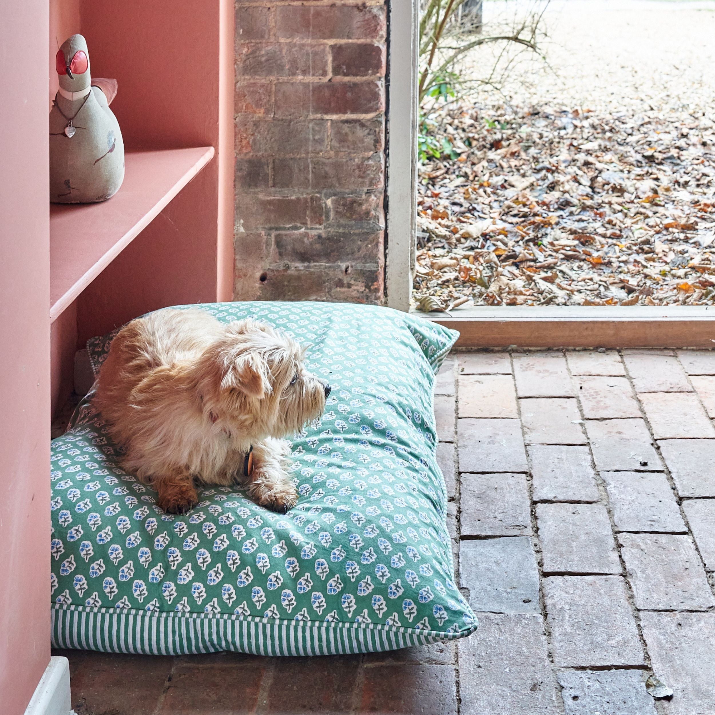 Green Block printed floral and stripe canvas dog bed