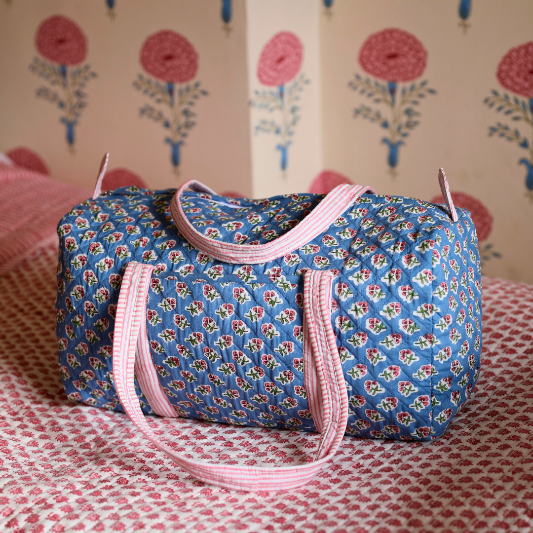 Blue blockprinted weekend bag