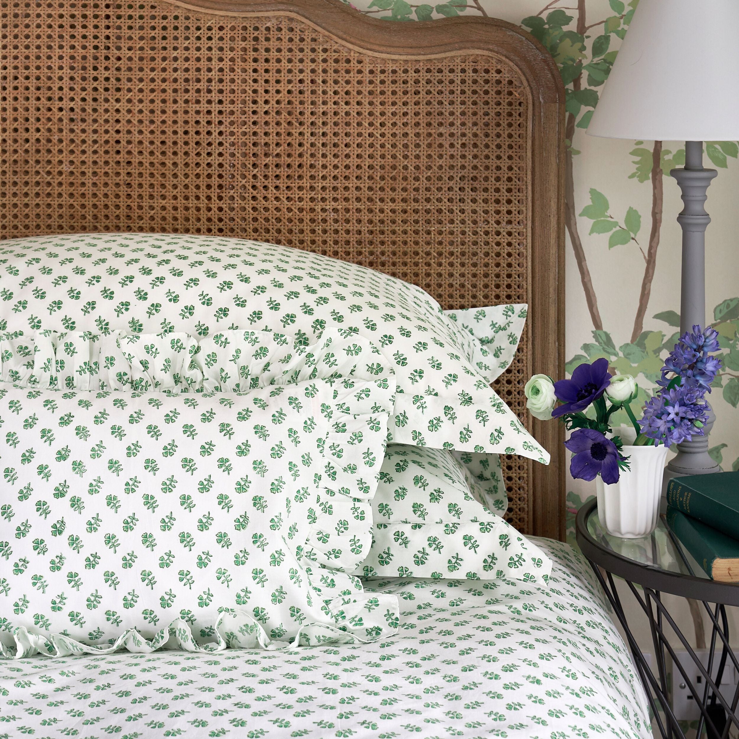 Green floral block printed duvet cover