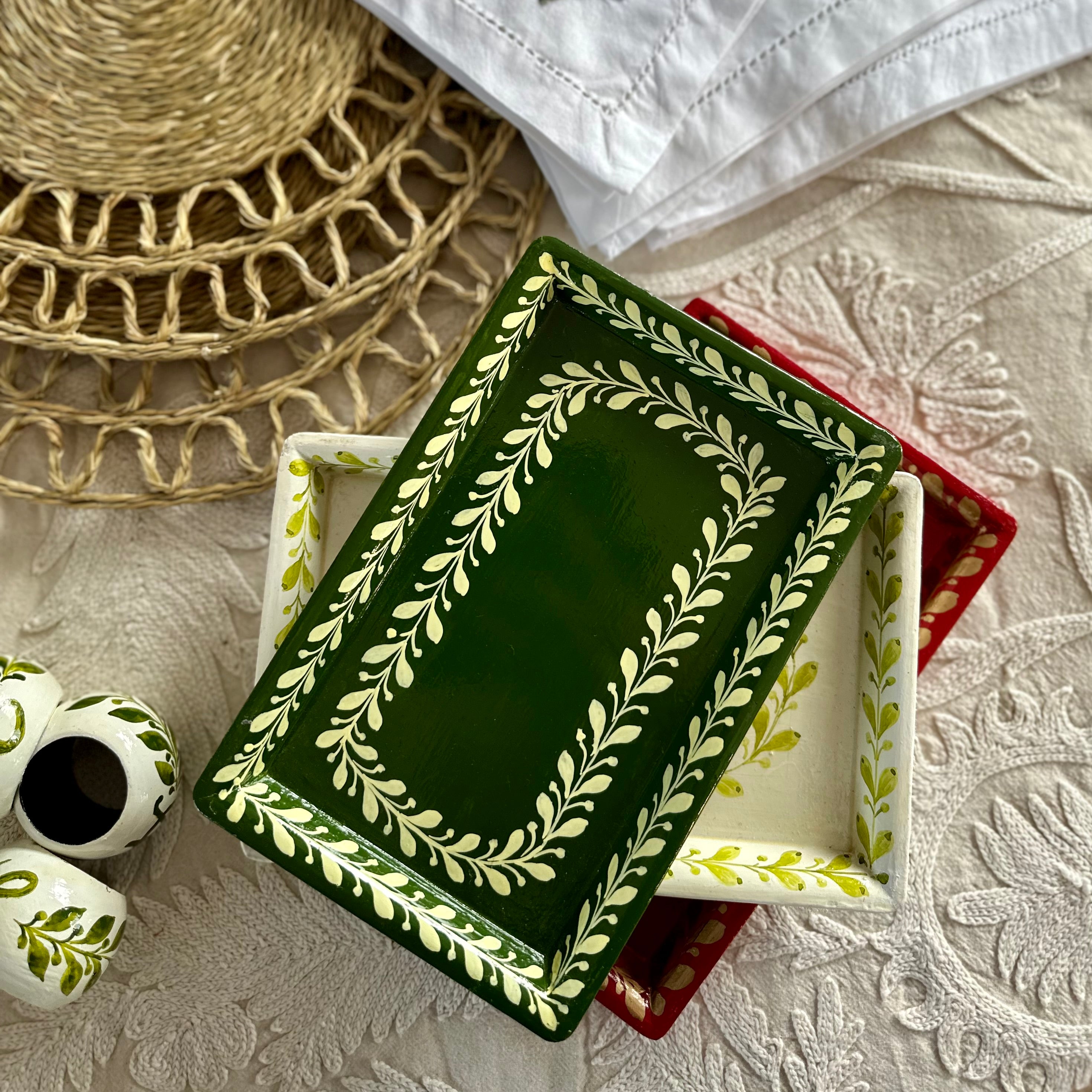 Green and Cream Painted Tray