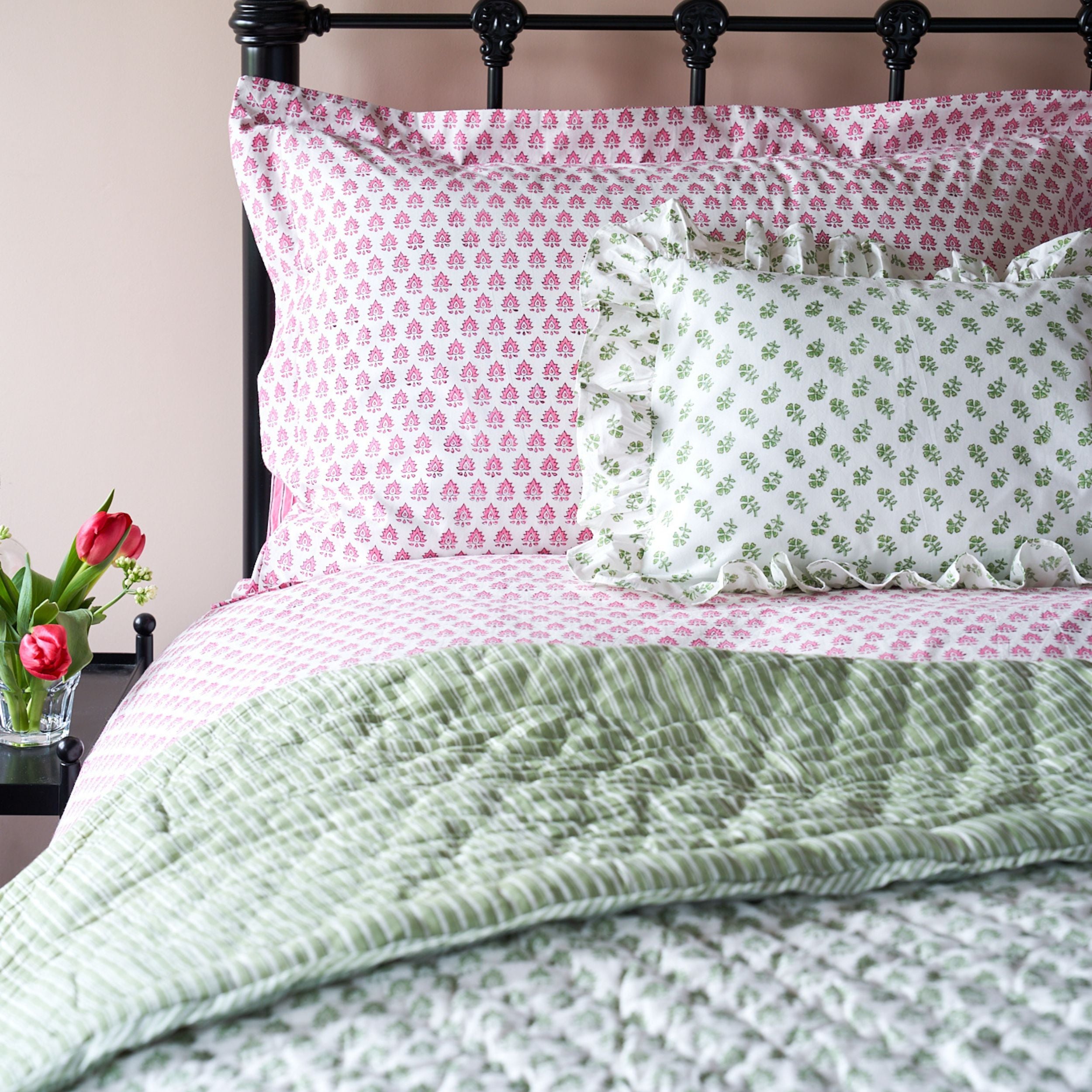 Hand block printed pink pillowcase