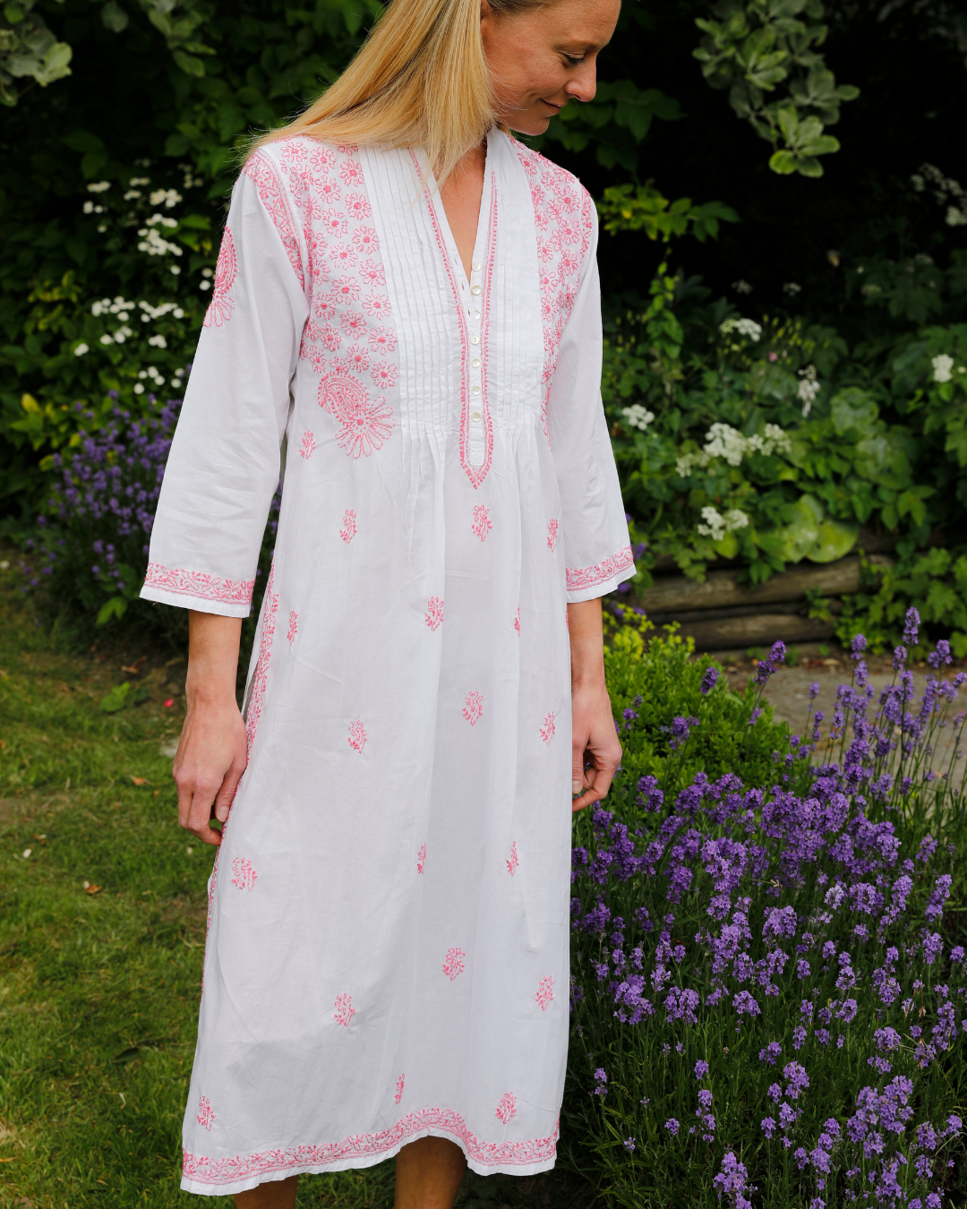 Long Sleeved Nightie - Pink Embroidery