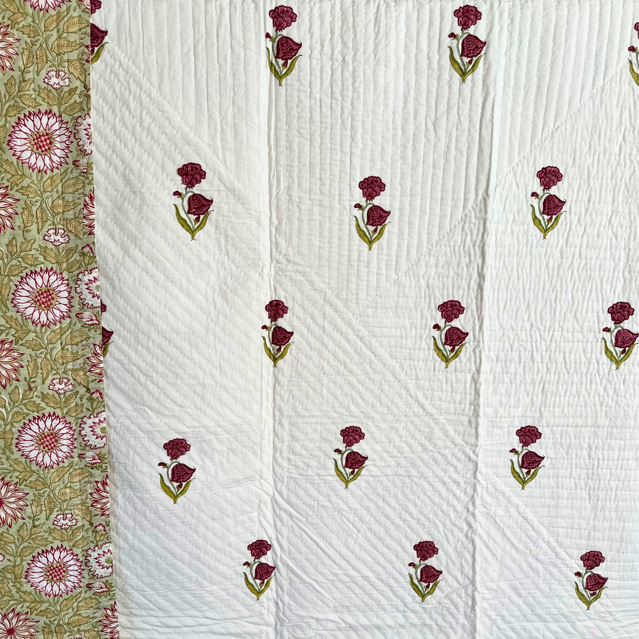 Pink, Yellow and Green King Pique Quilt with Floral Reverse