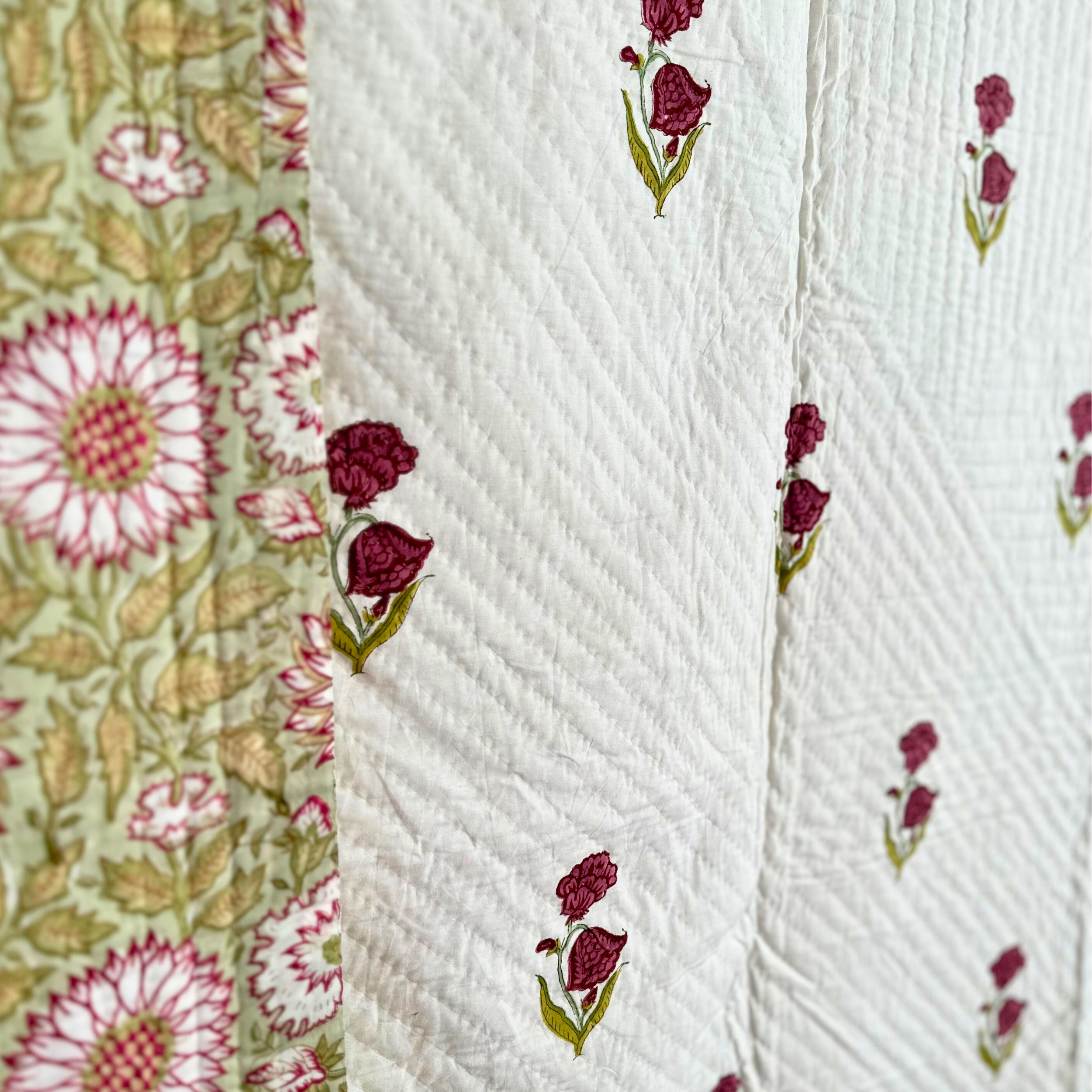 Pink, Yellow and Green King Pique Quilt with Floral Reverse