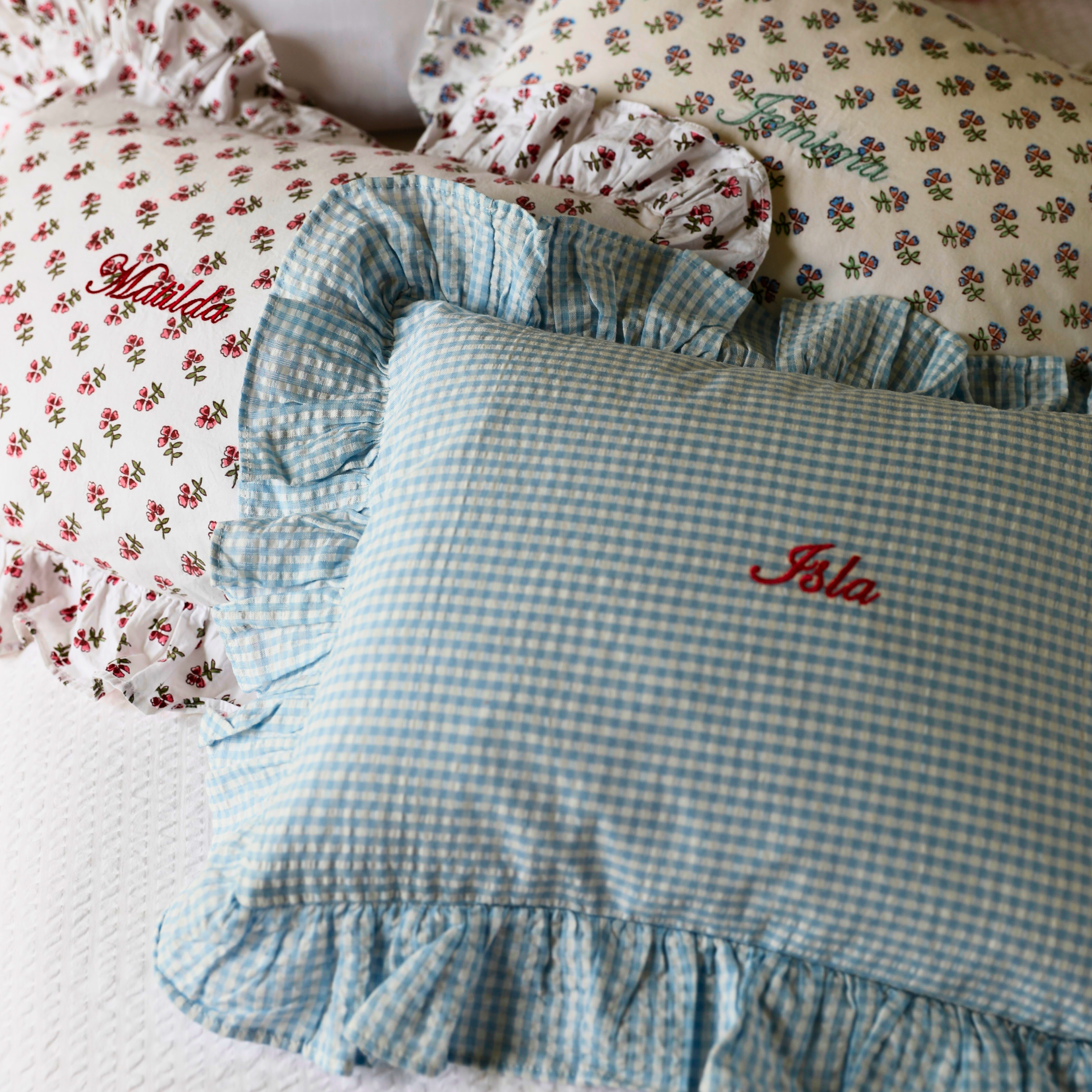 Blue Gingham Ruffle Baby Pillowcase