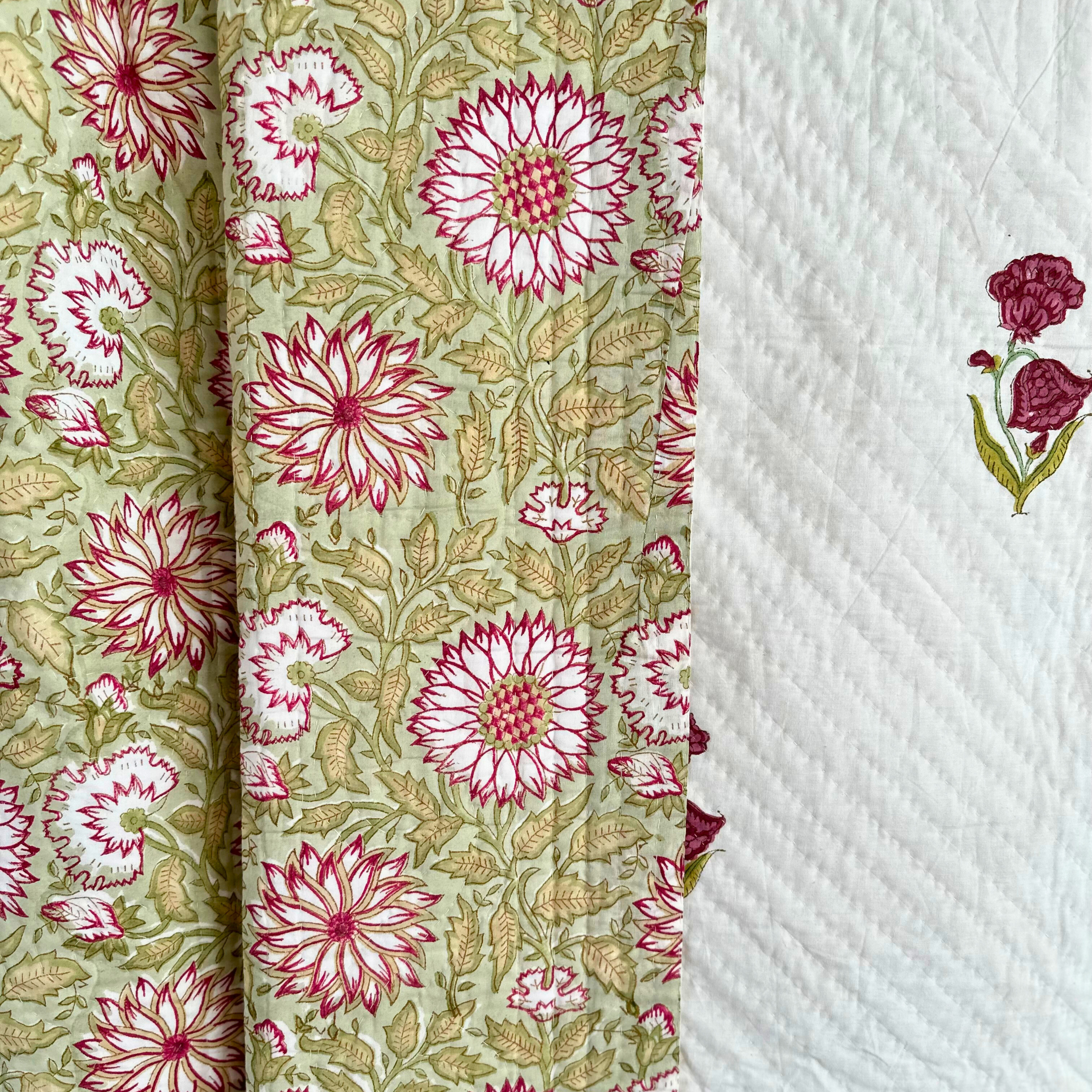 Pink, Yellow and Green King Pique Quilt with Floral Reverse